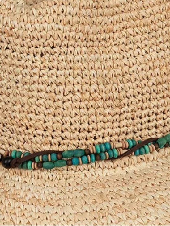 KOORINGAL 100% Raffia Sun Hat w/ Turquoise & Brown Bead 57 CM Bora Bora Safari